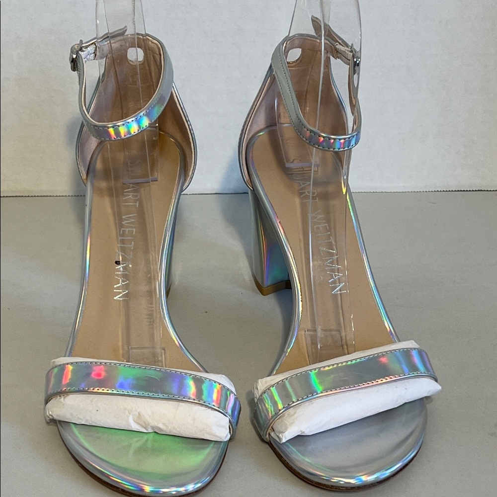 Stuart Weitzman Iridescent Silver Heels Size 9.5 Flaw